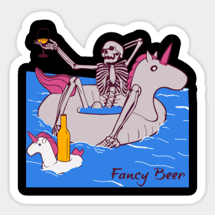 Funny Skeleton Sitting On A Unicorn In A Pool Drinking Fancy Beer Sticker